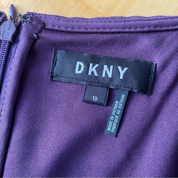 DKNY Midi Dress 10 Balloon Sleeve Chiffon Faux-Wrap Hi-Low Dark Purple Belted - Picture 4 of 8